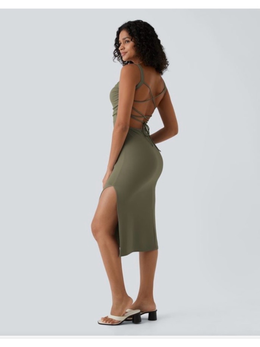 HALARA Olive Strappy Midi Dress with Side Slit